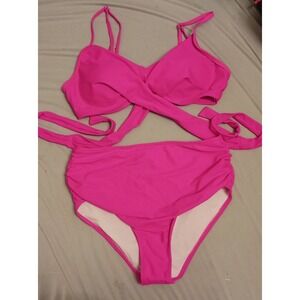 NEW Hot Pink High Waist Sexy Wrap‎ Around Style Top Bikini Set, Medium